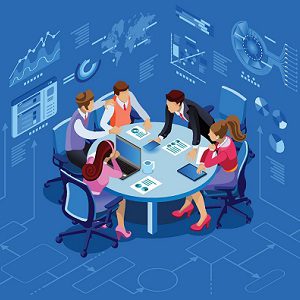 Isometric people team contemporary management concept. Can use for web banner, infographics, hero images. Flat isometric vector illustration isolated on blue background.Â